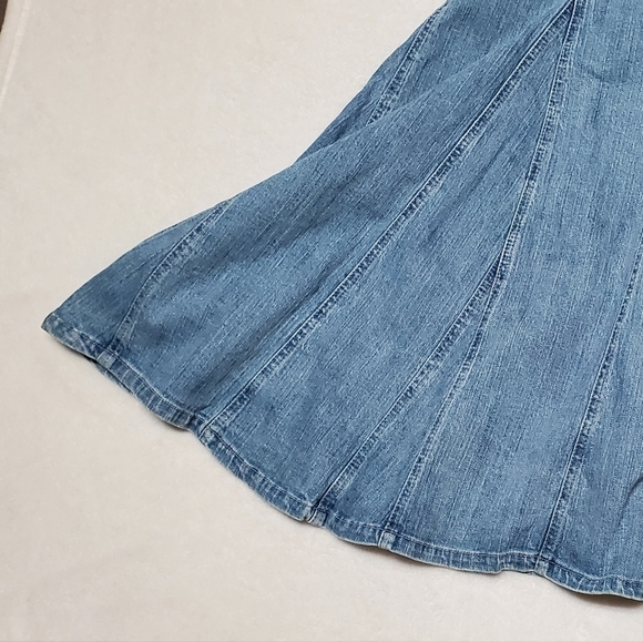 VINTAGE 1990s Light Wash Stone Wash High Rise Stretchy Midi Denim Panel Skirt M - Picture 6 of 11
